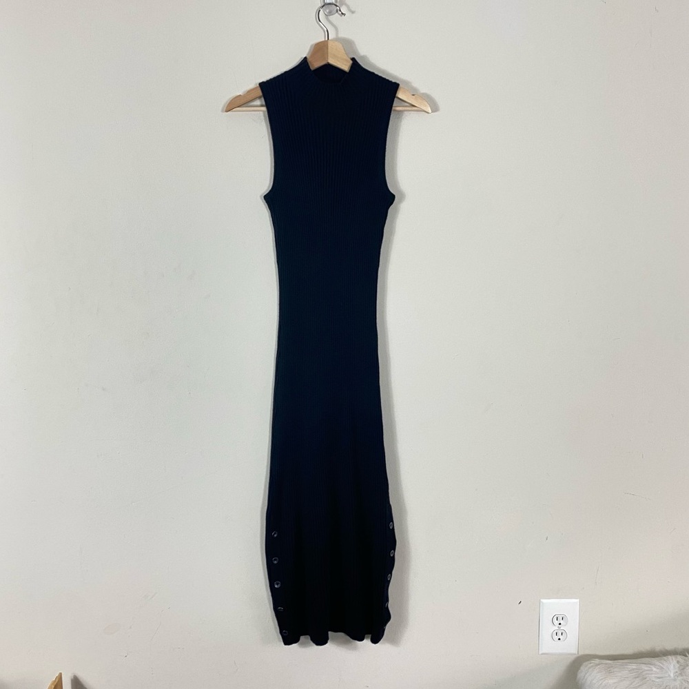 PAIGE Wool Blend High Neck Sleeveless Button Hem Midi Dress in Black - M
